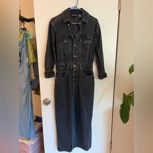 Long Sleeve Dark Denim Button Up Collared Dress